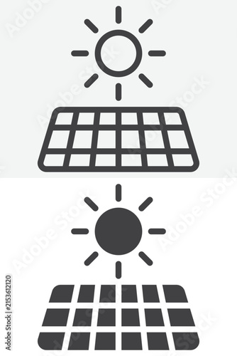 Solar energy panel icon set with sun above photovoltaic grid