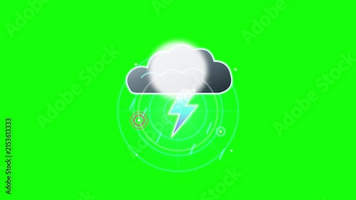 Storm cloud icon with a lightning bolt and glowing halo presented as a digital UI element on a green screen key background.