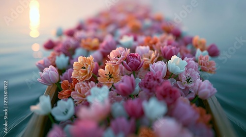 Tulips fill a wooden canoe drifting on a calm lake at sunset with soft spring reflections and pastel blooms.