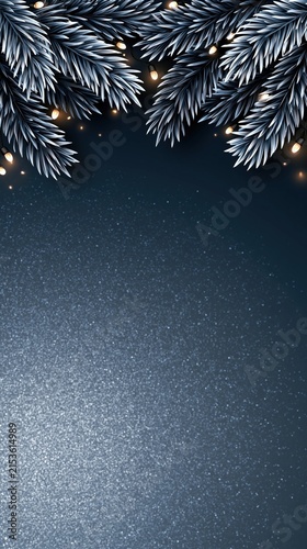 Winter background with frosted pine branches and warm lights framing dark glittery copy space for holiday posters, cards, and seasonal promotions.