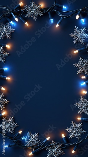 Christmas lights and silver snowflakes frame a dark blue background with empty center space for holiday text, winter promotion, or seasonal greeting designs.