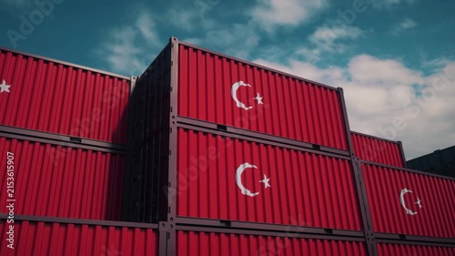 Red Freight Containers With Turkish National Symbols and Moving Camera
