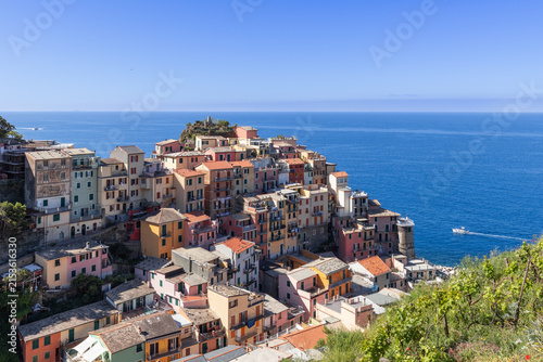 Manarola within Cinque Terre National Park in Italy highlights complete seaward facade and colorful rooftops in bright morning sunlight.