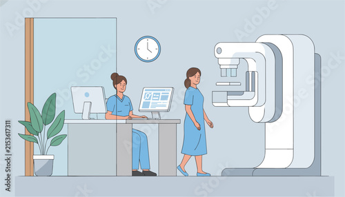 Female medical technician monitoring a mammography machine in a clean hospital room as a patient prepares for her screening.