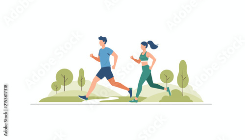 Fit man and woman running side by side through a lush green park with trees and hills under a clear bright sky.