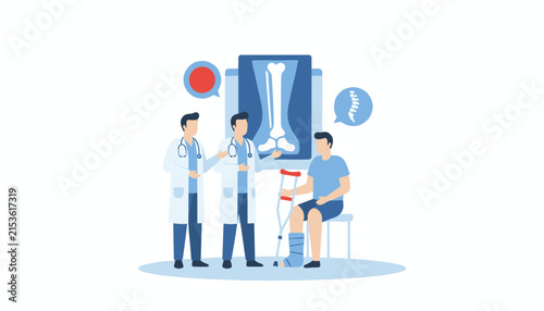 Two professional doctors discussing an x-ray of a leg bone with a patient who has a cast and is using crutches.