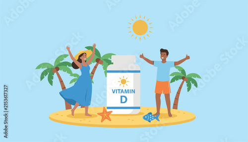 Happy couple in summer outfits celebrating near a large bottle of Vitamin D on a tropical island with palm trees and sun.