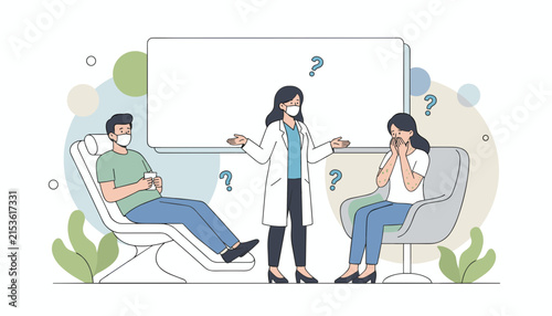 Concerned doctor with a mask talking to two patients, one with a skin rash, in a clinic room with question marks.