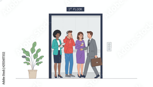 Diverse group of people including a businessman, a woman, and a young man in an elevator going to the first floor.