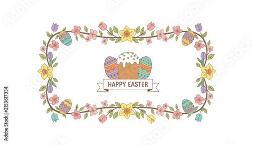 Festive Happy Easter greeting card with a colorful floral border, decorated eggs, and a traditional Easter cake.