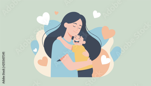 Heartwarming illustration of a mother embracing her young son with a joyful expression and hearts floating in the background.