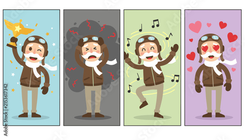 Character design of an elderly pilot showcasing four different emotions including success, stress, joy, and love.