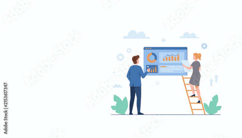 Business professional and his colleague analyzing charts and graphs on a large digital screen in an office environment.