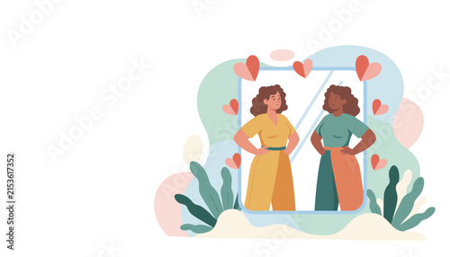 Confident woman standing in front of a mirror with hearts around her reflection symbolizing self love and body positivity.
