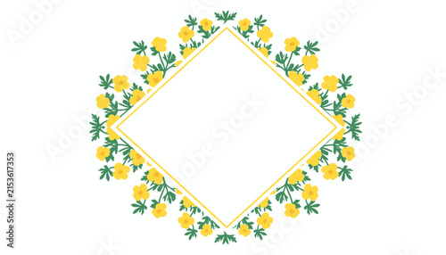 Blank diamond frame decorated with a border of small yellow flowers and green leaves on a white background.