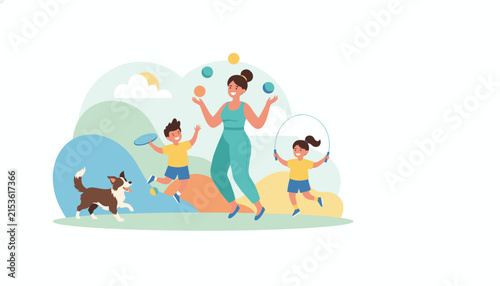 Active mother juggling balls while her two children play with a frisbee and a jump rope in a park with their dog.