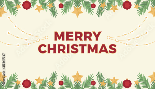 Festive Merry Christmas greeting banner with evergreen branches, golden stars, and red baubles on a cream background.