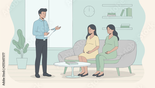 Professional male doctor giving advice and information to two pregnant women sitting on a comfortable sofa in a clinic.