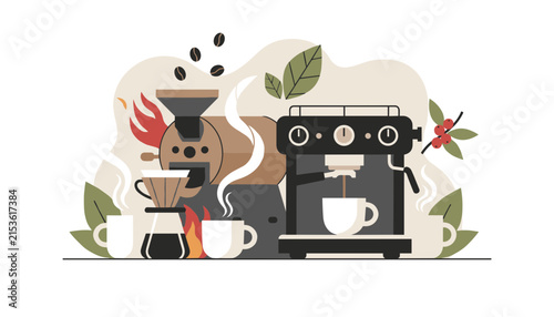 Detailed artistic illustration of coffee roasting machines, espresso brewers, cups, beans, and leaves in a modern style.