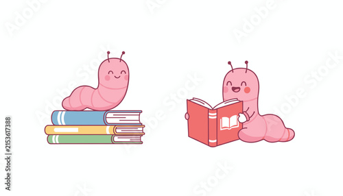 Pair of adorable pink bookworm characters, one sitting on a stack of books and the other reading a red book.
