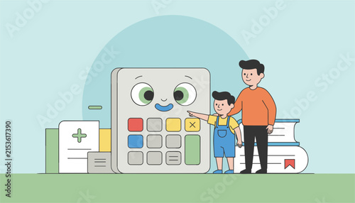 Happy father and his young son interacting with a friendly giant calculator character representing fun math education.