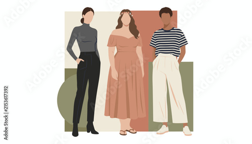 Three diverse women with different body types and skin tones standing together in fashionable outfits against an abstract background.