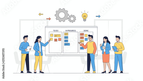Business team collaborating in front of a project management board with to-do and in-progress tasks using colorful sticky notes and icons.