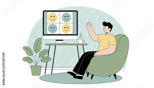 Man sitting in a green armchair at home having a video conference call with four happy smiley icons on his computer screen and waving hello.