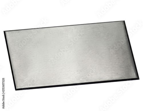 Rectangular brushed metal sign with black border with transparent backdrop