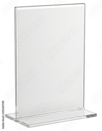 Clear acrylic vertical sign holder for desk cut out on transparent background