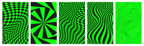 Set of vertical psychedelic abstract backgrounds featuring distorted neon green and black checkered patterns lines and optical illusion textures.