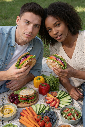 A young Caucasian man and an African-American woman sit outdoors on a grassy area, enjoying vegan sandwiches. 