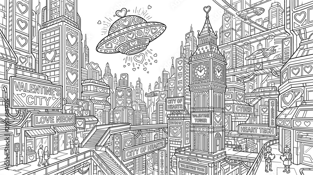 Fototapeta premium Futuristic city with heart motifs, a UFO, and flying vehicles, line art illustration