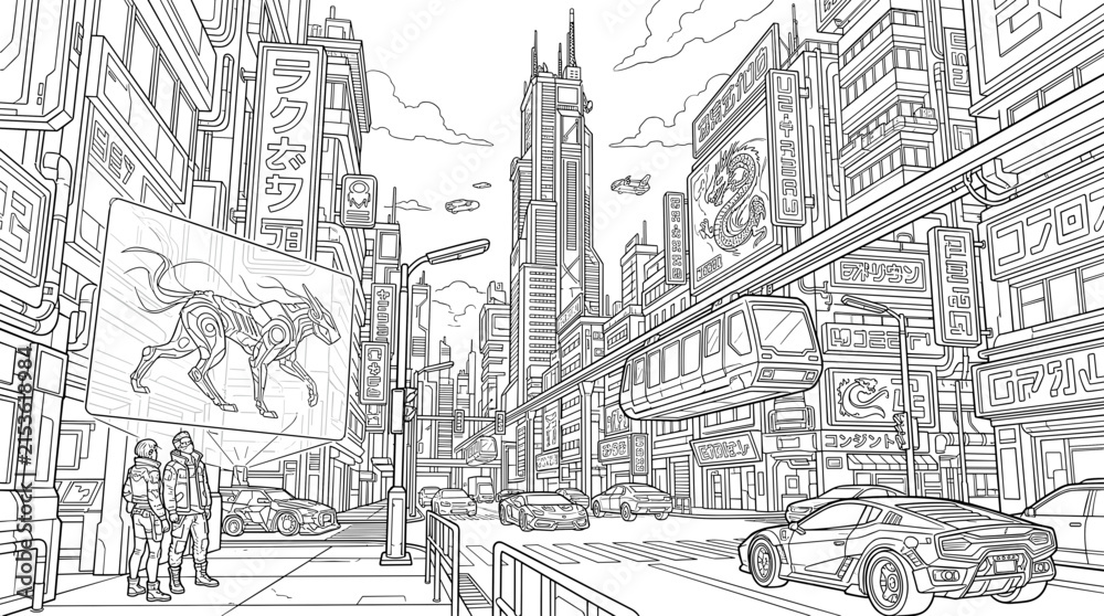 Obraz premium Futuristic cityscape with towering buildings, flying vehicles, and a monorail train, line art illustration