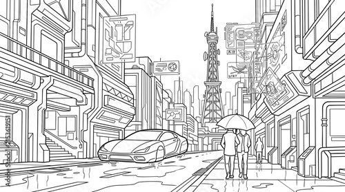 Rainy cyberpunk city street with futuristic architecture, a sleek car, and people with umbrellas, line art illustration