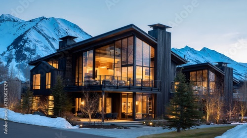 Modern mountain lodge charred wood Shou Sugi Ban exterior and massive glass windows snow capped peaks in the background warm interior glow