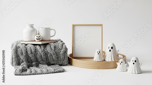 Halloween Mockup Blank Wood Picture Frame with Cute Ceramic Ghosts Cozy Gray Knit Blanket and Coffee Mug on White Background