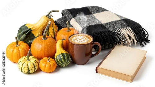 Cozy Autumn Still Life with Hot Coffee Latte Book Plaid Blanket and Pumpkins Isolated on White Background