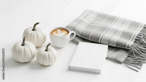 Cozy Autumn Still Life with White Pumpkins Latte Coffee Blank Book Mockup and Grey Plaid Blanket on White Background