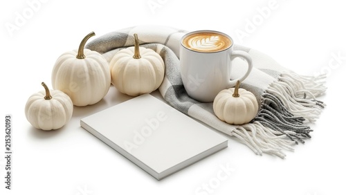 Cozy Autumn Still Life with Hot Coffee Mug Blank Book Mockup White Pumpkins and Plaid Scarf Isolated on White Background