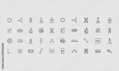 Molecule flat line icons set. Chemistry science, molecular structure, chemical laboratory dna cell protein vector illustrations. Outline signs scientific research.