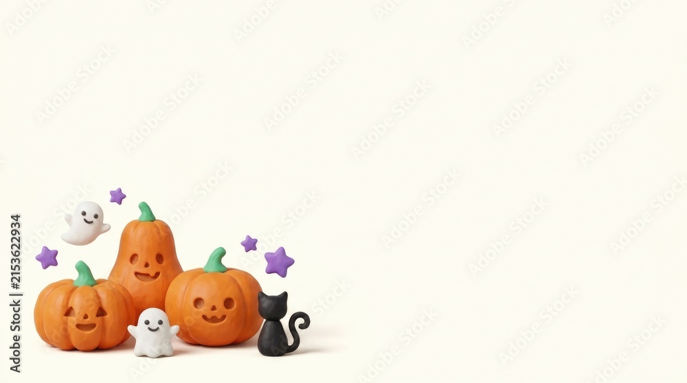 Fototapeta premium Cute miniature halloween decorations featuring orange pumpkins a small black cat and friendly ghosts on a plain white background