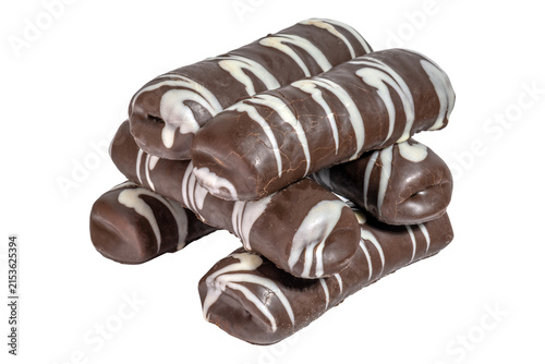 Cuadro en lienzo Dark chocolate pastry stack with icing drizzle confectionery detail