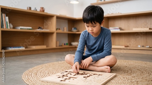Young Asian boy solving wooden puzzle on floor in playroom.