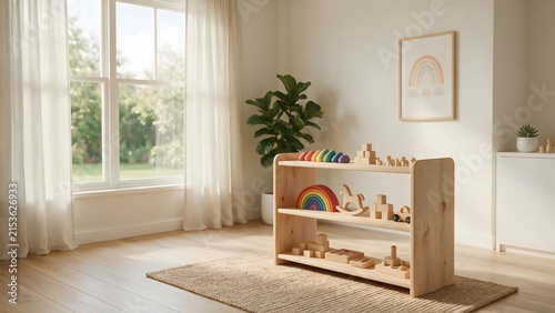 Photorealistic low wooden shelving unit with simple child-height wooden toys arranged neatly in warm neutral room tones and natural light. Interior design concept