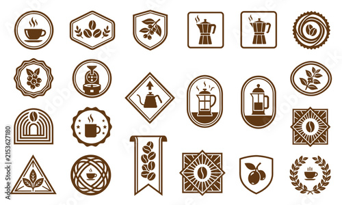 Set of twenty vintage coffee shop logo emblems and badges featuring various brewing equipment and beans design elements isolated on transparent background