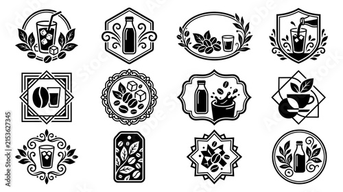 Set of twelve vintage style organic product labels featuring botanical illustrations and decorative frames for natural cosmetics or herbal tea isolated on transparent background