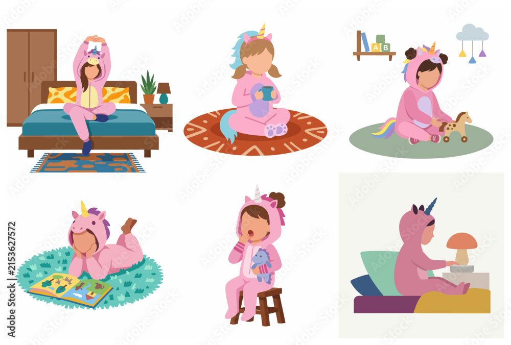 Fototapeta premium Collection of cute girl in unicorn pajama onesie flat vector illustration for daily routine concept