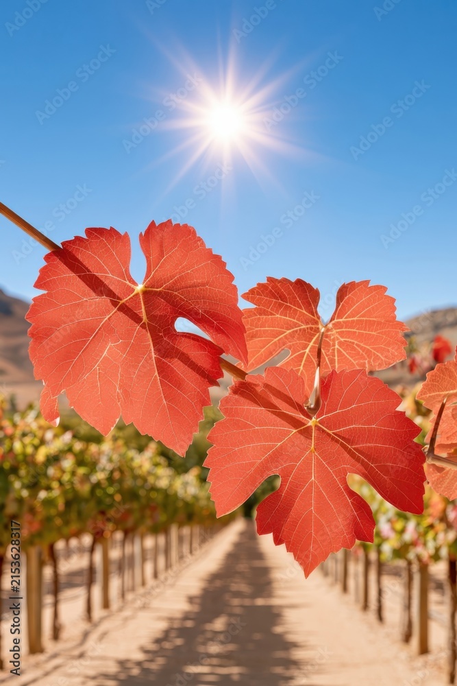 Obraz premium Autumn vineyard with red leaves backlit by sun against blue sky