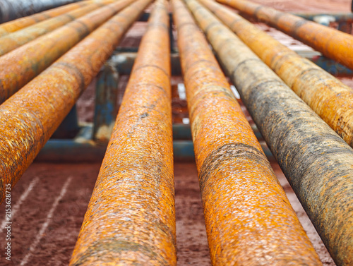 Fotografie Rows of old corroded iron tubing or weathered industrial pipeline materials at a construction scrap yard